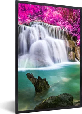 Produktbild von MuchoWow® Gerahmtes Poster Wasserfall - Rosa - Bäume 60x90 cm - Poster mit Schwarzem Bilderrahmen Wandposter Rahmen Foto Bilder - Kunst