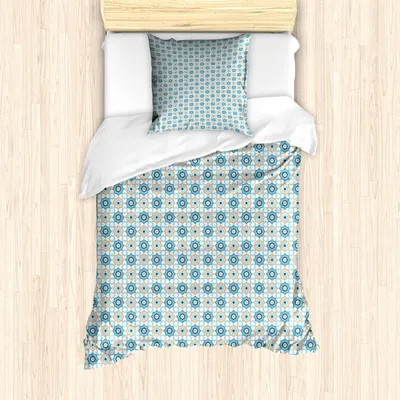 Immagine prodotto di ABAKUHAUS Set copripiumino marocchino, motivi tradizionali arabeschi a stella ripetuti, 135 x 200 cm + 80 x 80 cm, blu cielo profondo ecru