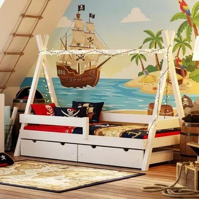 Produktbild von MEBLE WRÓBEL Kinderbett Tipi 80x160 cm in Weiß - Bett aus Kiefernholz mit 2 Schubladen & Rausfallschutz - Hausbett für Mädchen und Jungen - Abgerundete Kanten