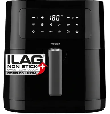 Image de MEDION E40 XL Friteuse à air chaud (5,2 litres, Airfryer, 2.150 Watt, 9 programmes automatiques, fonction cuisson, friture sans huile, panneau detactile, affichage LED, MD 11740) noir