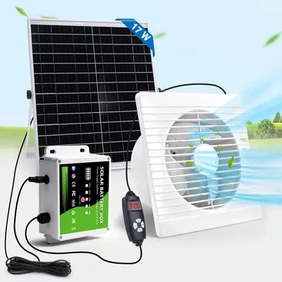 Zdjęcie produktu dla Solarny wentylator wyciągowy z panelem słonecznym o mocy 17 W, zegarem i wskaźnikiem naładowania baterii, regulowaną prędkością, cichy <36 dB do kurnika/szklarni/chlewni