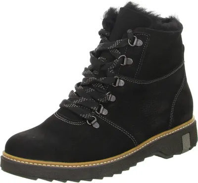 A black leather boot with laces and fur trim.