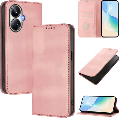Produktbild von Handyhülle für Realme 10 Pro+, Vintage Leder RFID Schutz Kartenfach Standfunktion Magnetische Klapphülle Pink