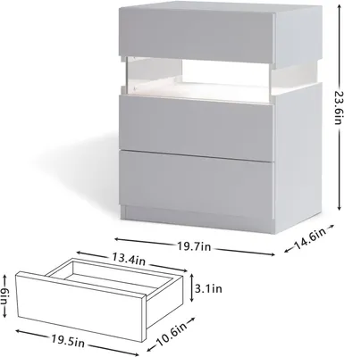 Produktbild von Weißer LED-Nachttisch (3 Schubladen): Kommode/Beistelltisch, Acrylplatte, Schlafzimmer/Wohnzimmer