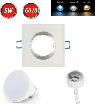 Produktbild von Einbaustrahler GU10 Einbaurahmen Glas Einbauleuchte Ø75mm Bohrloch inkl. GU10 5W Kaltweiß LED Leuchtmittel Weiß Frosted Eckig