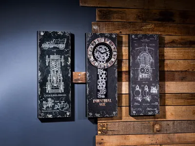 Obrázok produktu pre Gilde 3-dielna sada nástenných hodín "Steampunk" čierna/biela, s pohyblivými ozubenými kolesami Ø hodín 22 cm potrebné batérie: 4x AA V: 60 cm Š: 69 cm H: 5 cm 50289