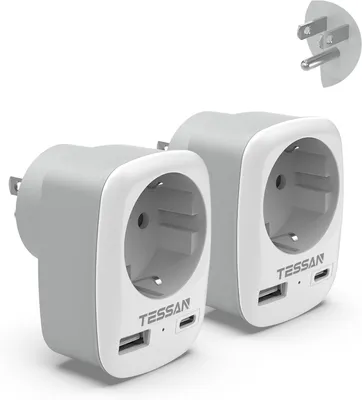 Produktbild von TESSAN 2er Pack USA Adapter Steckdose 3 in 1 Reiseadapter mit USB C und USB A 1250W für Kanada Stromadapter Thailand Philippinen