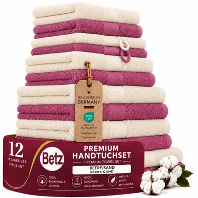 Produktbild von Betz 12-tlg. Handtuch-Set PREMIUM 2 Duschtücher 4 Handtücher 2 Gästetücher 2 Seiftücher 2 Waschhandschuhe  Farbe: sand / beere, KI-generiertes Bild