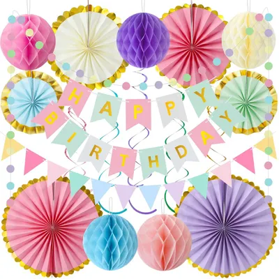 Geburtstagsdeko Set Macaron mit Banner, Pompons, Wimpelkette