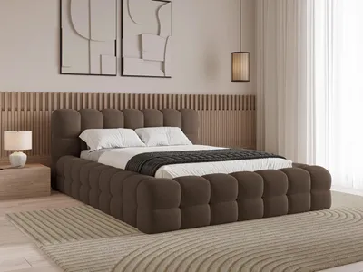Produktbild von Chilly Möbel Design Bett Verona - Einzigartiges Polsterbett mit stabilem Metallrahmen, Bettkasten, Lattenrost und markantem Kopfteil 140x200 cm / Bouclé / Braun