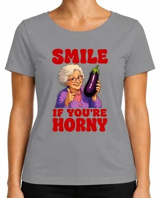Zdjęcie produktu dla T-shirt damski, kolor szary, rozmiar XXL. Nadruk: "Uśmiechnij się, jeśli masz ochotę" (Oma Aubergine, humorystyczne, ironiczne)