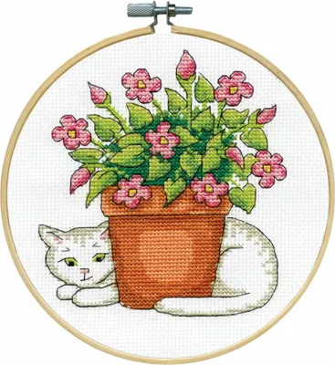 Produktbild von Design Works Kreuzstich Stickpackung mit Stickrahmen "Blumenkatze", Zählmuster, Diam. 15cm