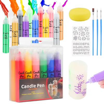 Produktbild von 12 Stück Kerzen Bemalen Set, Wachsstifte für Kerzen, 30 ML Taufkerze Basteln Set Wachsstifte 4 Farbeffekte DIY Personalisieren Mit 3 Pinseln Für Holz