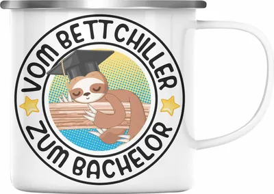 Produktbild von Trendation - Vom Bett Chiller zum Bachelor Emaille Tasse Geschenk Prüfung Bestanden Graduation Lustiger Spruch Bachelor Geschenkidee (Silber)