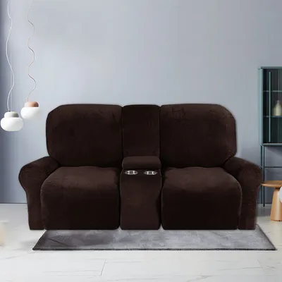 Obrázek produktu pro 8 kusů Stretch Velvet Recliner Sofa Cover s držáky pohárů, tlustý plyšový Recliner Sofa 2 Seater Cover, Brown