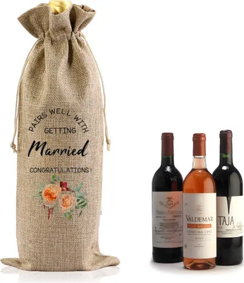 Produktbild von Verlobungsgeschenktasche für Wein, 1 Stück, Flaschenbeutel aus Baumwoll-Leinen-Mischgewebe mit Kordelzug für Wein, Geschenktasche für Weinflaschen, Flaschenhülle, Hochzeitsgeschenk für Paare