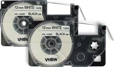 Produktbild von vhbw 2x Schriftband-Kassette kompatibel mit Casio KL-200, KL-130, KL-100E, KL-120, KL-1500, CW-L300 Etiketten-Drucker 8m x 12mm Schwarz auf Weiß