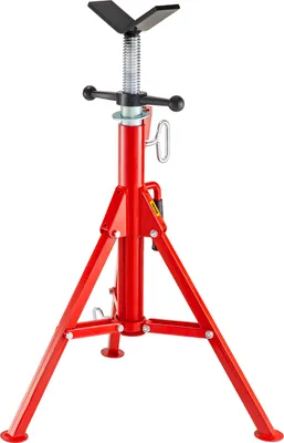 A red pipe stand with a V-shaped head is shown against a white background.