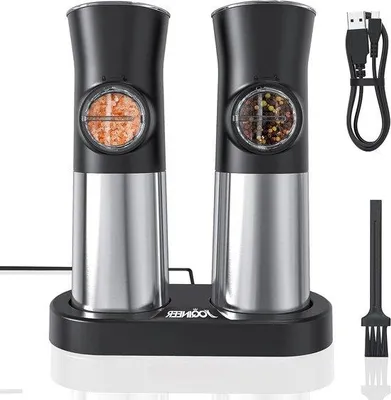Obrázek produktu pro Sada mlýnků na sůl a pepř – automatické, dobíjecí – nastavitelná hrubost mletí – ocel – nabíjecí stanice typu C