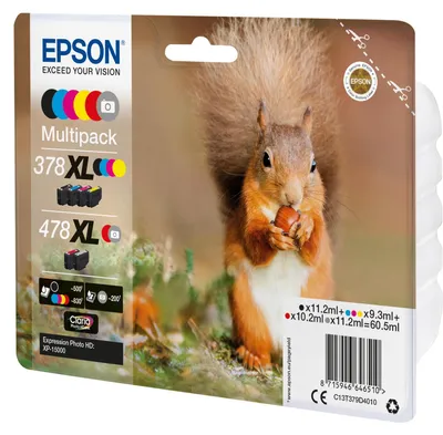 Produktbild von Epson Squirrel 378XL/478XL Eichhörnchen Claria Photo HD Multipack 6 Farben Tinte, High (L) Yield, Schwarz, Cyan, Magenta, Gelb, Rot, Grau, 11,2 ml, 9,3 ml, 1 Stück(e), Multipack