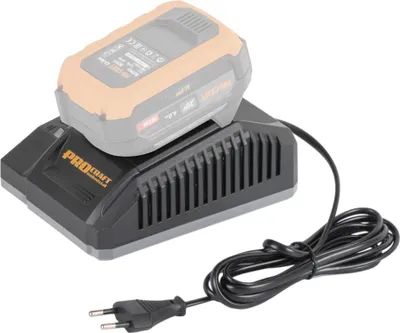A battery charger with a battery inserted, shown on a white background.
