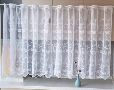 Scherengardine mit Blumenstickerei, Weiß, 100x60 cm