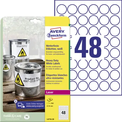 Produktbild von Avery Zweckform L4716-20 Wetterfeste Folien-Etiketten, Ø 30 mm, 20 Bogen/960 Etiketten, weiß