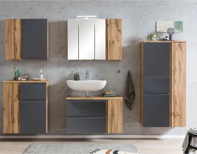 Produktbild von Badezimmer Set in Wotan Eiche Nb. mit matt grau, inkl. LED Beleuchtung, stehend oder hängend, VASTO-03-GREY, B/H/T ca. 245/200/35 cm