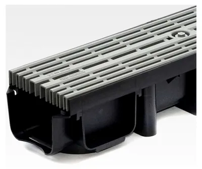 Produktbild von 10m Entwässerungsrinne für modulares System A15 98mm, komplett mit Stegrost aus Kunststoff, Grau
