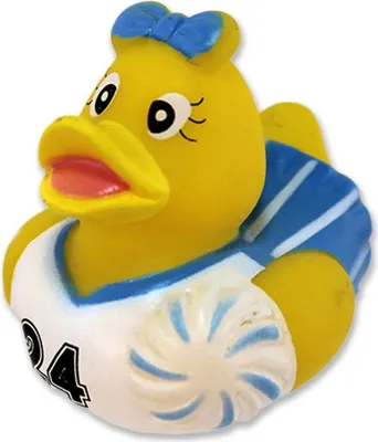 Immagine prodotto di Anatra di gomma con maglietta da cheerleader blu - circa 5 cm