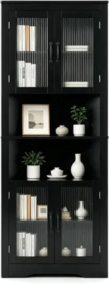 Produktbild von Küchenschrank, Eckhochschrank, Aufbewahrungsschrank, Glastüren, verstellbare Regale, Wohnzimmer, Bad, Schwarz