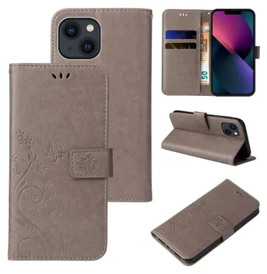 Produktbild von Handyhülle für Apple iPhone 13 Floral Blumen Schmetterling Flip Cover Hülle Case Klapphülle Handytasche Farbe: Grau