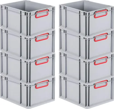 Immagine prodotto di SuperSparSet 8x Eurobox NextGen Color | A x L x P 22x30x40 cm | 20 litri | Maniglie rosse chiuse | Fondo liscio | Grigio | Contenitori Euro, cassetta da trasporto, contenitore da trasporto, contenitori impilabili