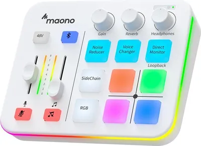 A white Maono G1 Neo sound card with colorful LED lighting and various buttons and sliders.