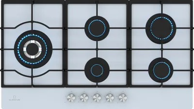 A top-down view of a gas cooktop with five burners.