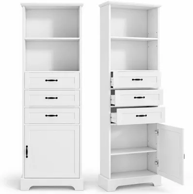 Produktbild von Badezimmerschrank Hochschrank 56 x 25,6 x 167 cm,Badschrank mit 3 Schubladen,2 offenen Fächern und Tür,Verstellbarem Einlegeboden,MDF,Weiß