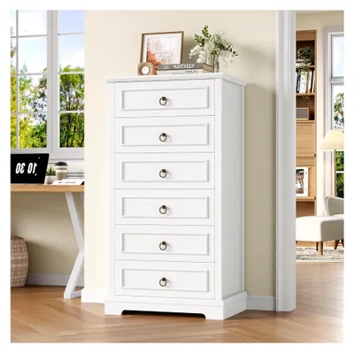 Produktbild von Hochkommode in Weiß mit 6 Schubladen, Kommode mit Holzmaserung, Schubladenschrank für Schlafzimmer, Flur und Wohnzimmer, 68×39,5×131 cm