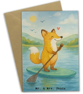 Produktbild von Mr. & Mrs. Panda neujahrskarte Fuchs Stand Up Paddling Design - Weiß - Geschenk, Subben, dankeskarten, babykarte, Paddle, genesungskarte, osterkarte, hochzeitskarten, SUB