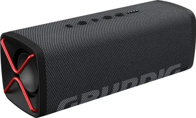 A black portable speaker with red accents and the brand name printed on the side.