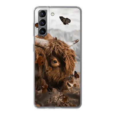 Produktbild von MuchoWow® Handyhülle Schutzhülle Hülle für Samsung Galaxy S21 Scottish Highlander - Schmetterlinge - Pflanzen Silikon Softcase Handy Hülle - Softcase