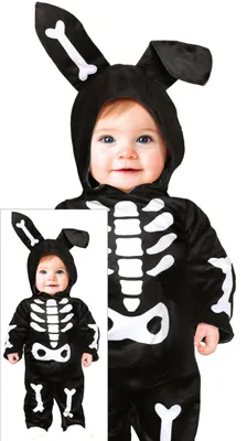 Produktbild von Skelett Hase Halloween Abenteuer Schwarz Weiß Niedlich Kostüm Tiere Fantasie Spaß Grusel Nacht Baby Kapuze Füße Skurril Kreatur Skelettknochen Fröhlich, Größe: 86/92 Farbe: Schwarz