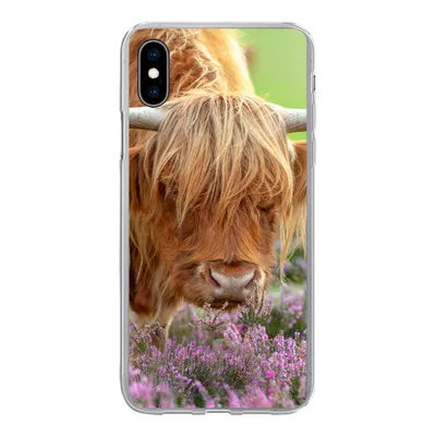 Produktbild von MuchoWow® Handyhülle Schutzhülle Hülle für iPhone Xs Schottischer Highlander - Lila - Blumen Silikon Softcase Handy Hülle - Handytasche