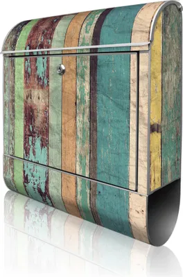 Produktbild von banjado Design Briefkasten Stahl silber mit Zeitungsfach pulverbeschichtet "Bunte Bretterwand" 38x46x12,5cm & 2 Schlüssel - Postkasten A4 Einwurf inkl. Montagematerial [BK 10754]