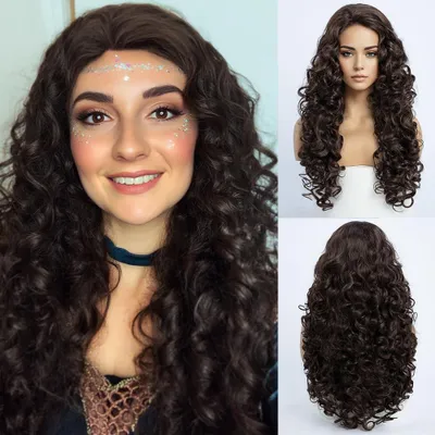 Image de Perruque cosplay marron foncé - Cheveux bouclés pour femmes - 60 cm