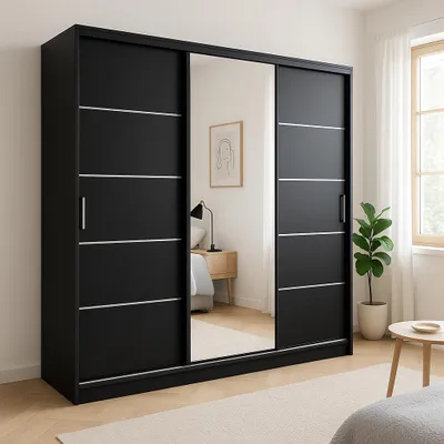 Zdjęcie produktu dla Szafa przesuwna BLAK 180cm - fronty gładkie, lustro lub ze srebrnymi listwami do samodzielnego naklejania, prostota formy, loftowy styl