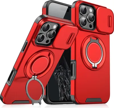 Produktbild von Handyhülle für iPhone 16 Pro Dual-Layer Stoßfest Militär Hülle mit Dia Kameraschutz und Magnetisch Ring Ständer Rot