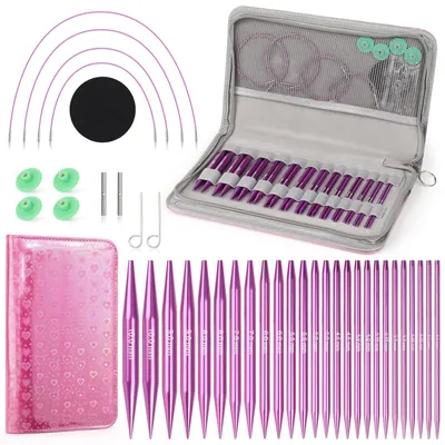 Rundstricknadel-Set, 13 Paar, 3,0–10 mm, Aluminium, lila, mit Tasche