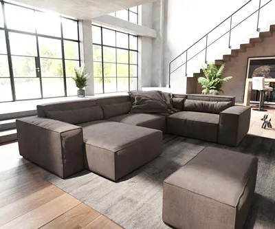 Produktbild von DELIFE Wohnlandschaft Sirpio 300x210 cm Mikrofaser Khakibraun Recamiere variabel mit Hocker