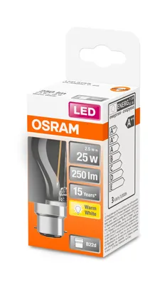 Obrázek produktu pro LED žárovka OSRAM | patice: B22d | teplá bílá | 2700 K | 2,50 W | náhrada za 25 W žárovku | čirá | LED Retrofit CLASSIC P [třída energetické účinnosti A++]