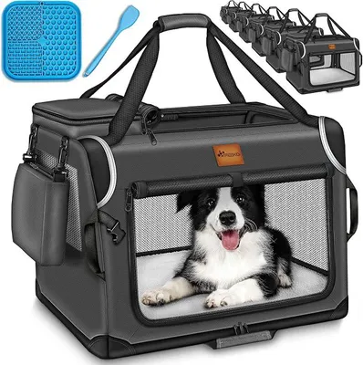 Produktbild von Hundebox faltbar inkl. Leckmatte, Spatel & Reflektoren | Transportbox für Hunde und Katzen | Hundetransportbox Auto für kleine & große Hunde | Hundetasche robust (XXL (92x63x63cm), Anthrazit)